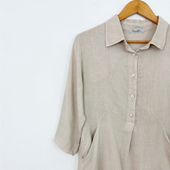 Elena Baldi Tan Italian 100% Natural Linen Button Up Midi Dress Size Small - Picture 5 of 14